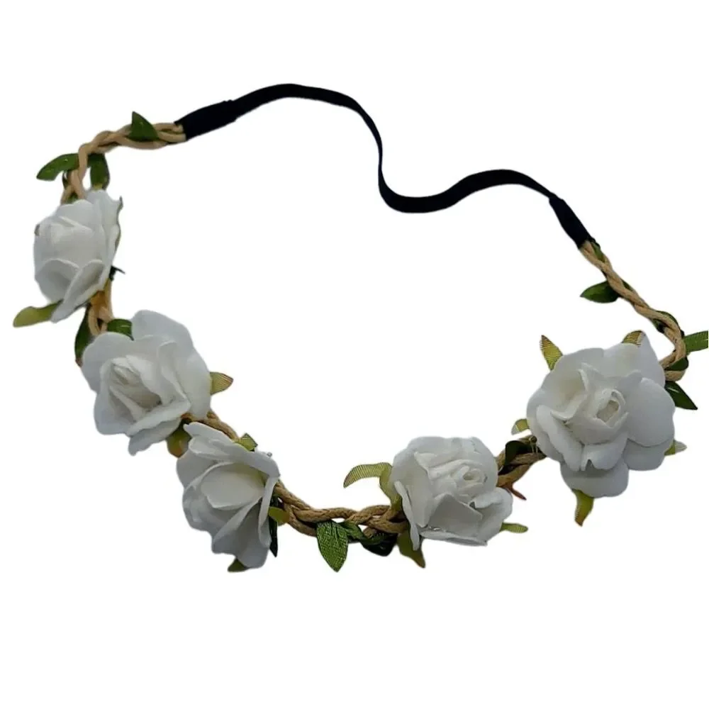 White Rose Halo Boho Fairy Rustic Wedding Flower Girl Bride Flower Headband